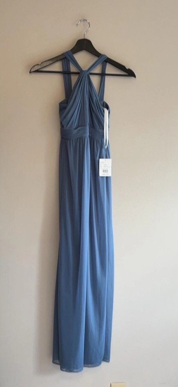 David's Bridal Dress Womens 10 Steel Blue Y Neck Mesh Maxi Formal NWT $99 Gown